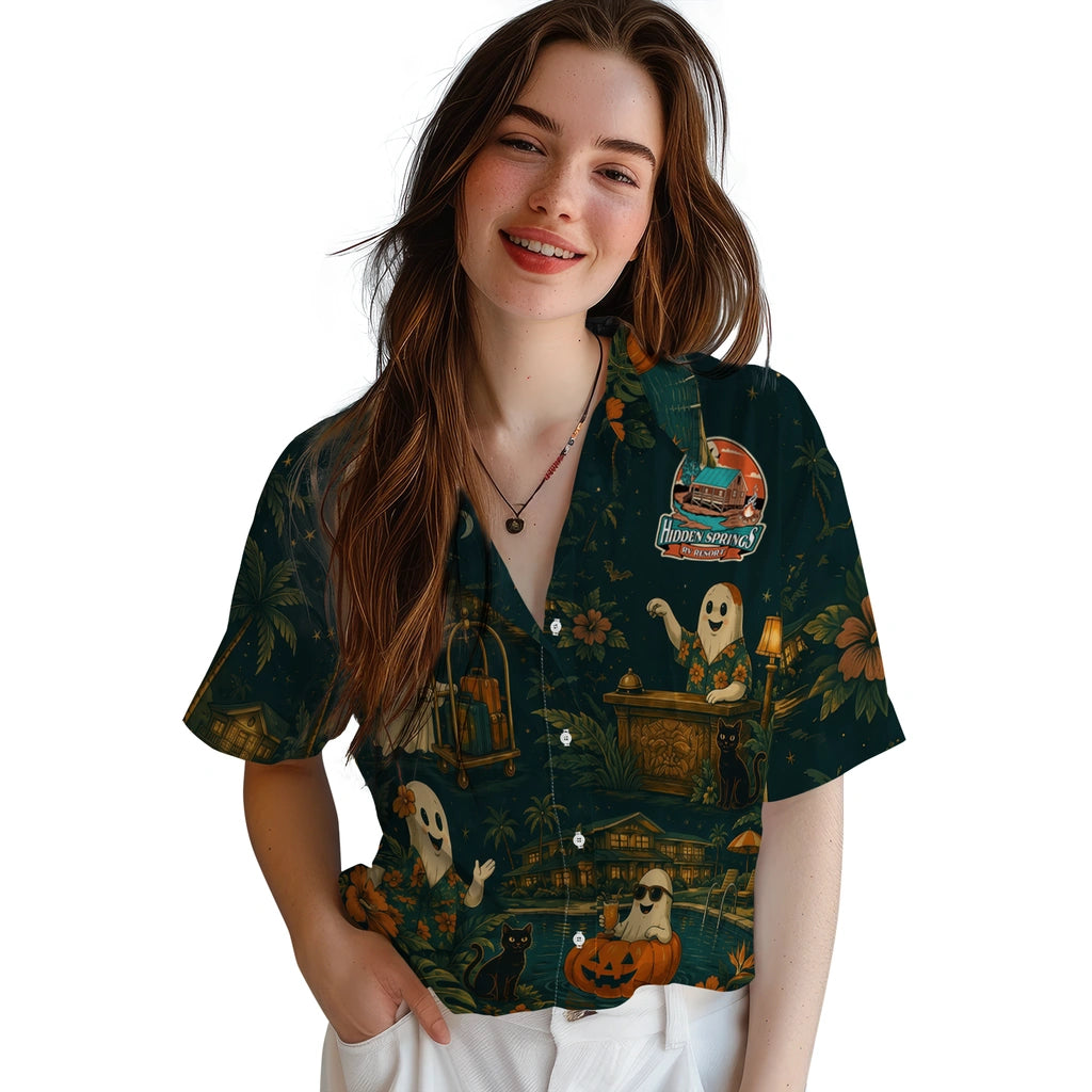 Women's model wearing Spooky Midnight Teal Moonlit Resort Custom Hawaiian Shirt in Midnight Teal