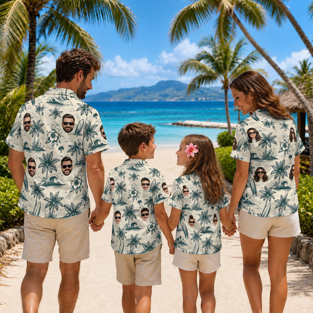 Family wearing matching tropical Hawaiian shirts, back view