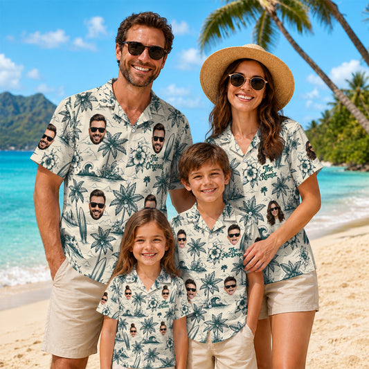 Family wearing coordinated tropical Hawaiian shirts with custom faces, front view