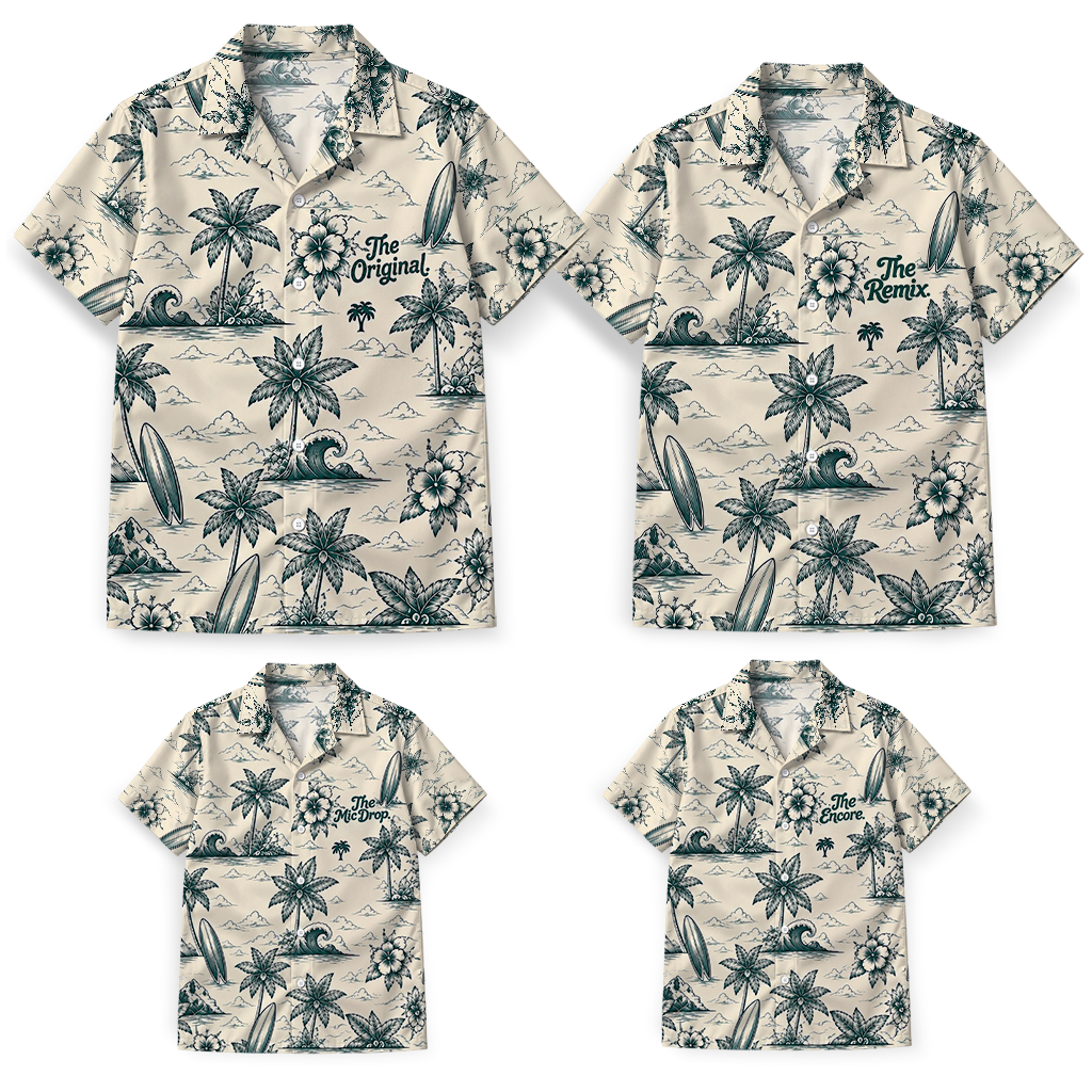 Four matching family Hawaiian shirts without custom faces, showing the Original, Remix, Mic Drop and Encore designs