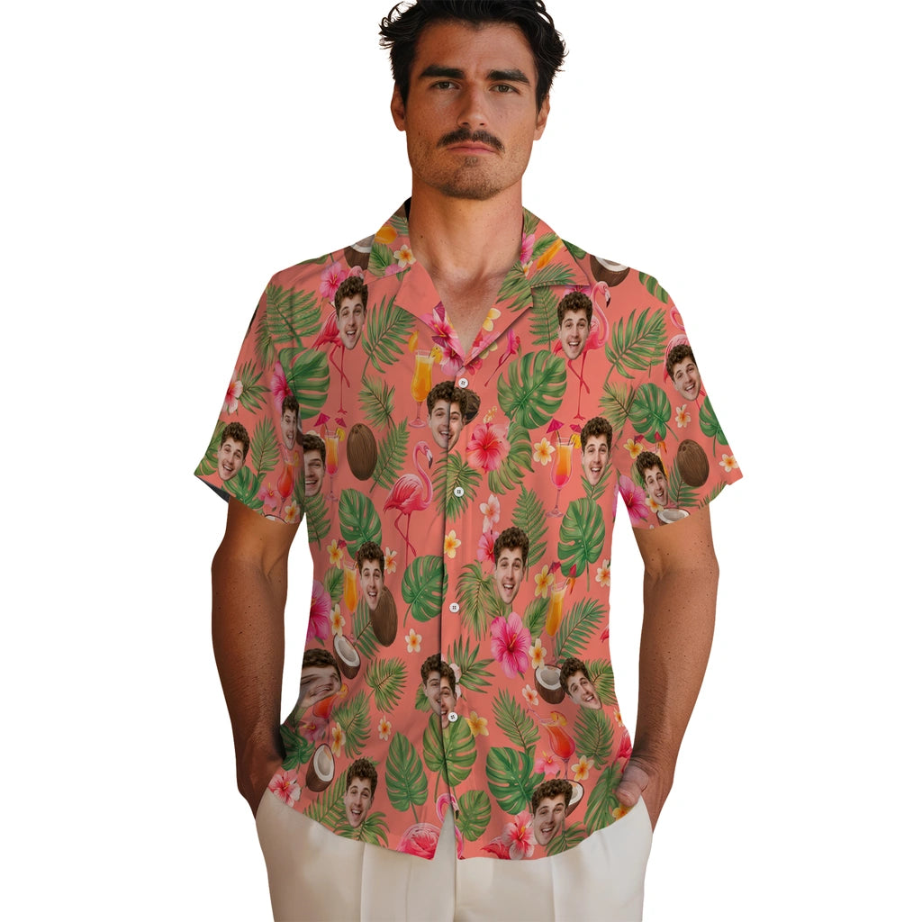 Tropical Coral Pink Illustrated Motif Scatter Custom Hawaiian Shirt - pink custom face Hawaiian shirt fashion-forward view