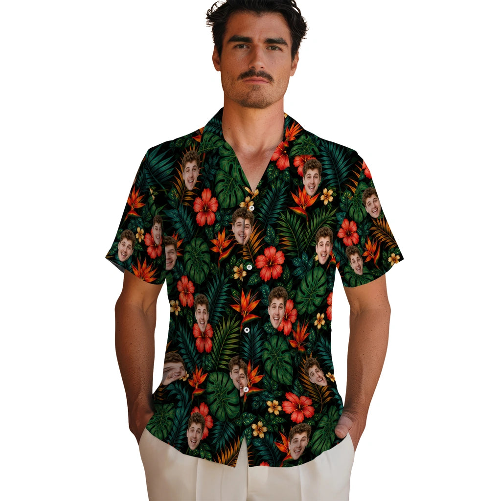 Tropical Deep Black Dense Botanical Print Custom Hawaiian Shirt - black custom face Hawaiian shirt fashion-forward view