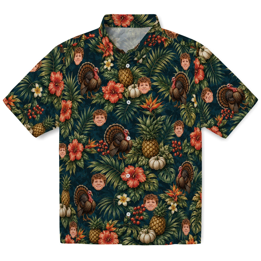 Tropical Deep Teal Thanksgiving Turkey Custom Hawaiian Shirt front view featuring turkeys, pineapples, hibiscus