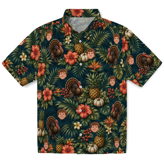 Tropical Deep Teal Thanksgiving Turkey Custom Hawaiian Shirt front view featuring turkeys, pineapples, hibiscus