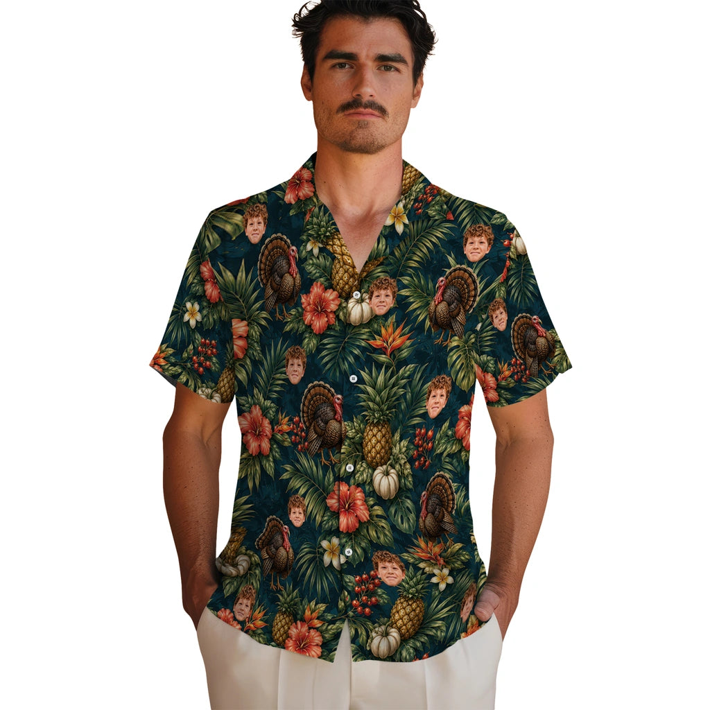 Men's model wearing Tropical Deep Teal Thanksgiving Turkey Custom Hawaiian Shirt in Deep Teal