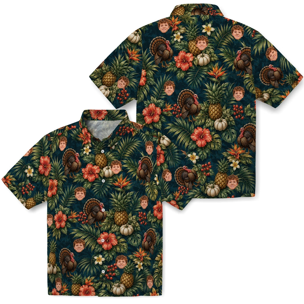 Front and back views of Tropical Deep Teal Thanksgiving Turkey Custom Hawaiian Shirt showing the all-over print