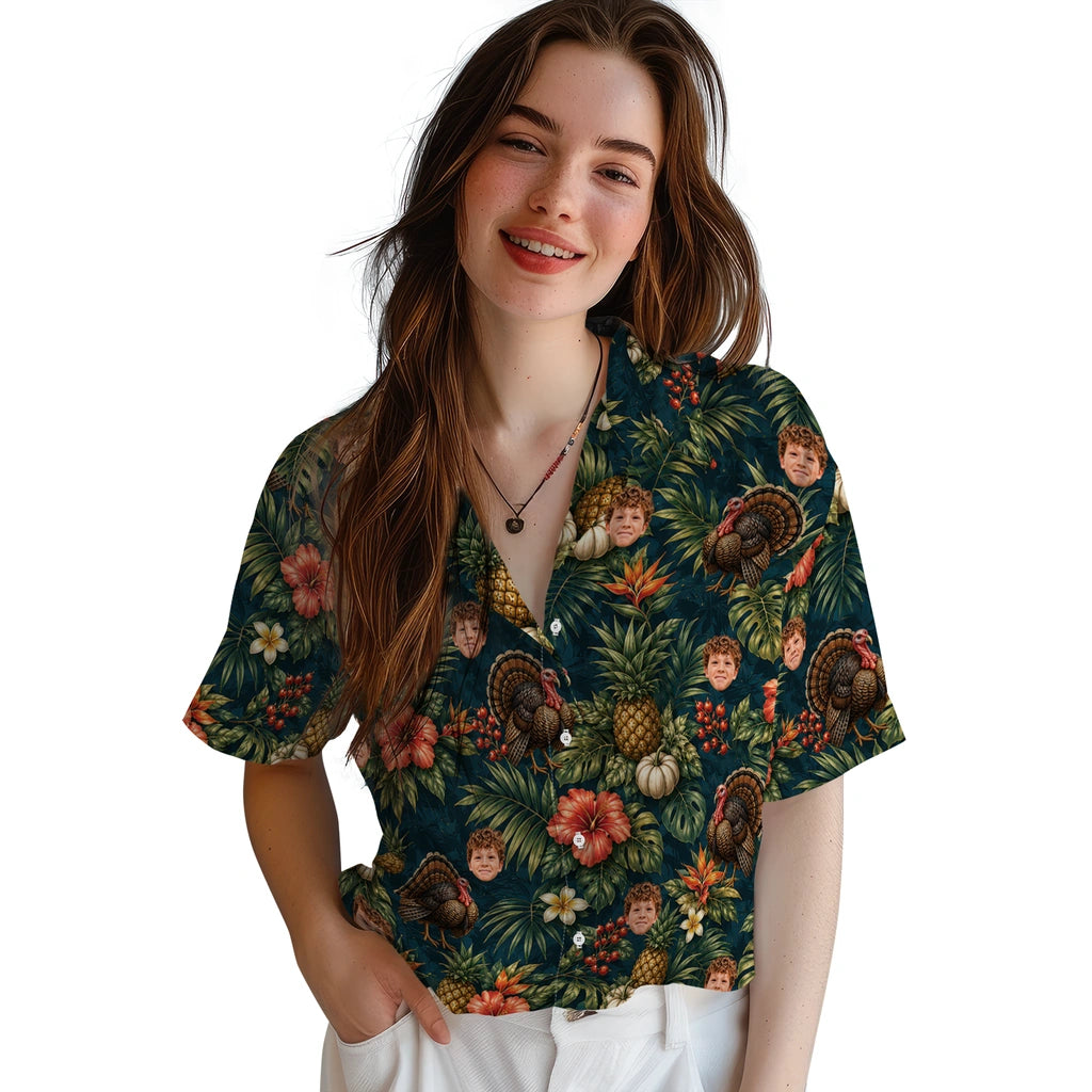 Women's model wearing Tropical Deep Teal Thanksgiving Turkey Custom Hawaiian Shirt in Deep Teal