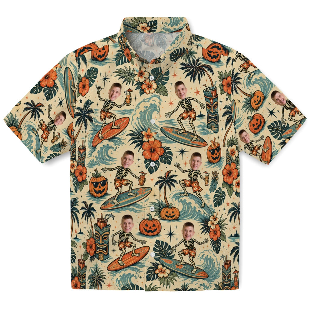Vintage Cream Surf Medley Custom Hawaiian Shirt front view with surfboards, palm trees, jack-o'-lanterns and retro beach scenes