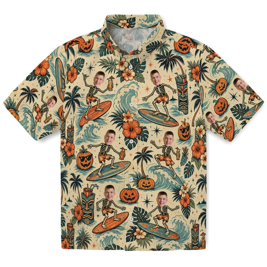 Vintage Cream Surf Medley Custom Hawaiian Shirt front view with surfboards, palm trees, jack-o'-lanterns and retro beach scenes