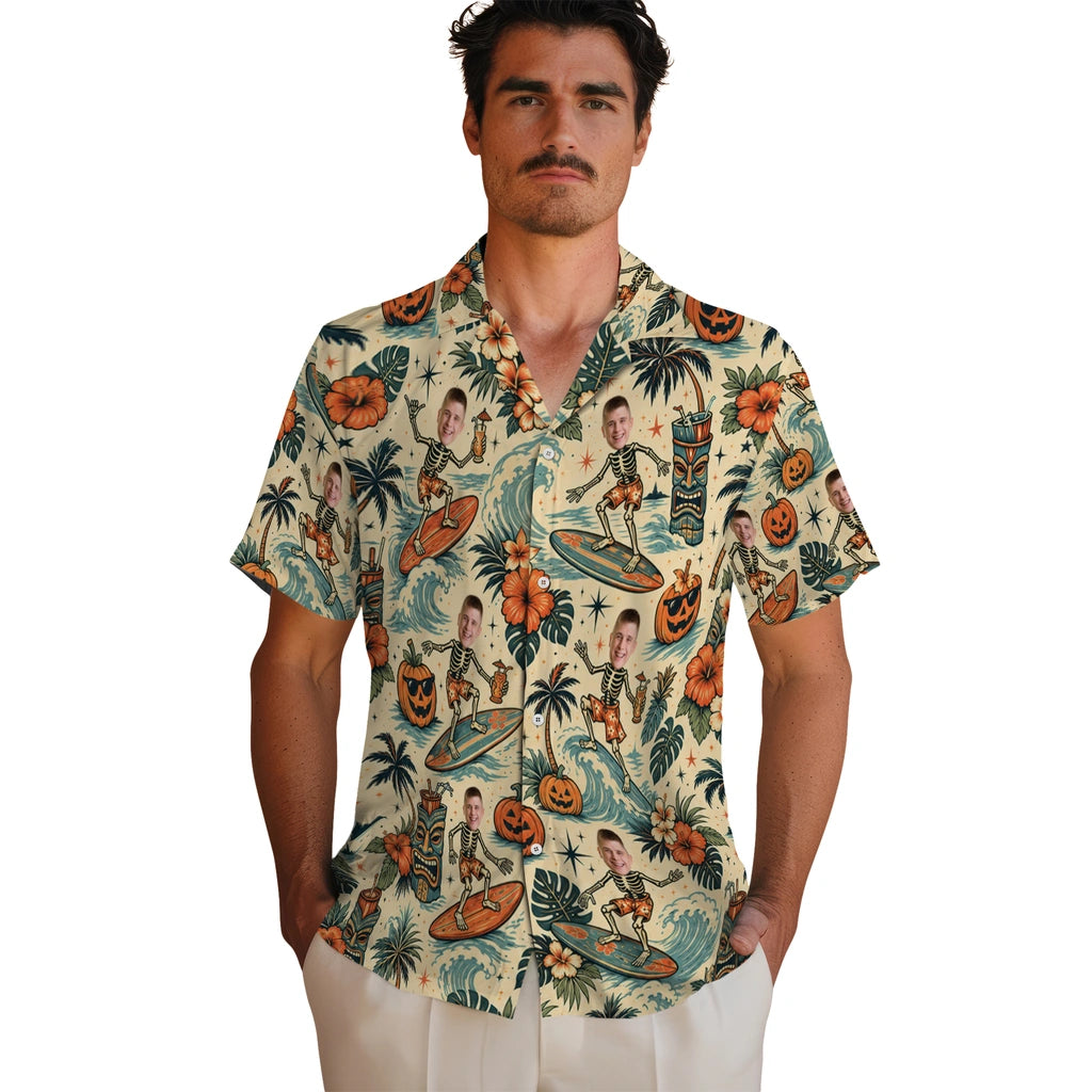 Men's model wearing Vintage Cream Surf Medley Custom Hawaiian Shirt in Cream