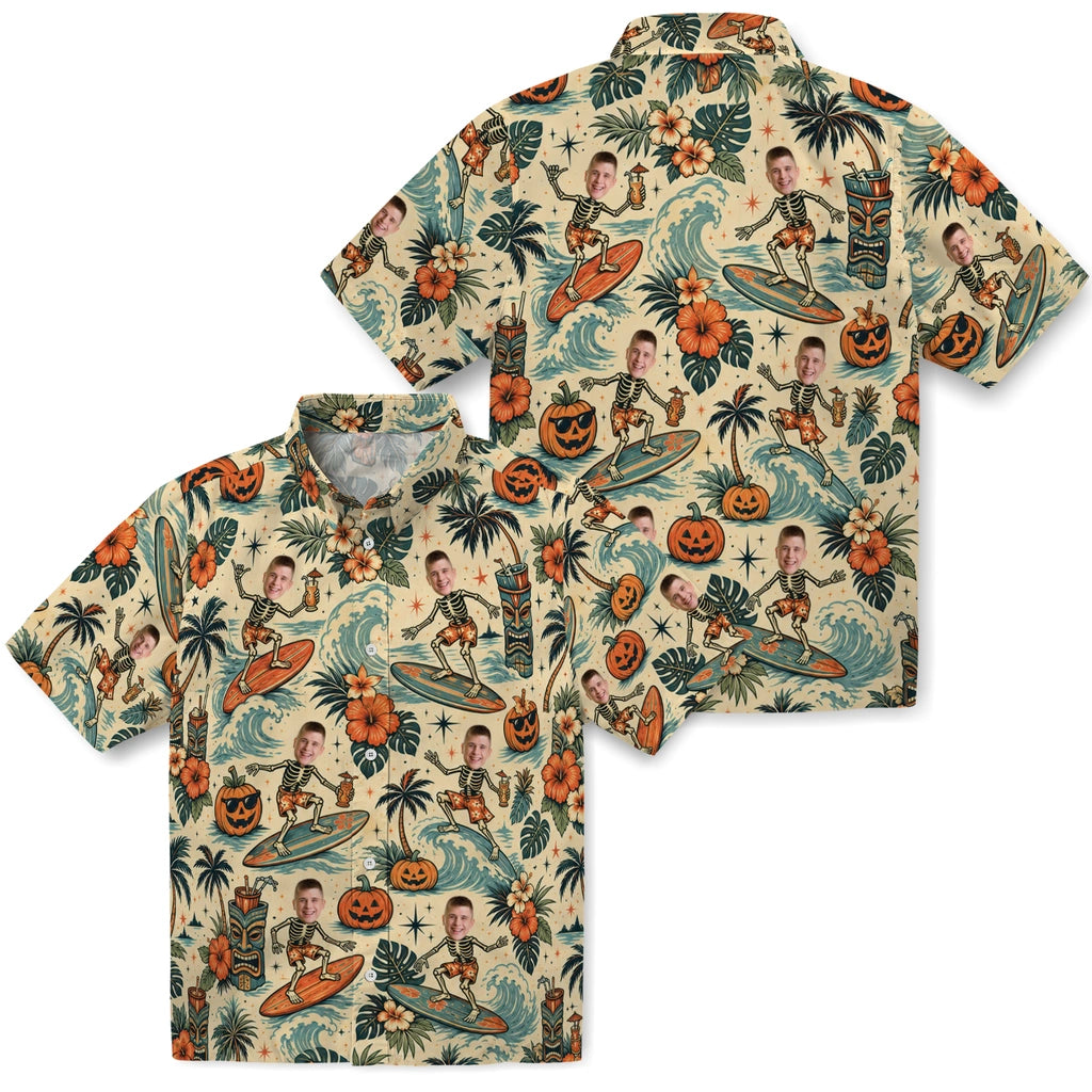 Front and back views of Vintage Cream Surf Medley Custom Hawaiian Shirt showing the all-over print