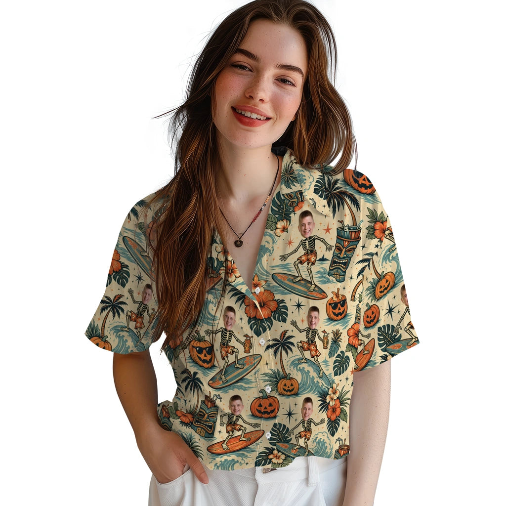 Women's model wearing Vintage Cream Surf Medley Custom Hawaiian Shirt in Cream