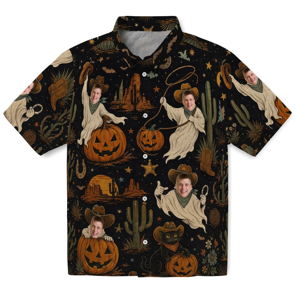 Western Black Desert Vignettes Custom Hawaiian Shirt front view with cowboy ghosts, jack-o'-lanterns, cacti and desert-night details