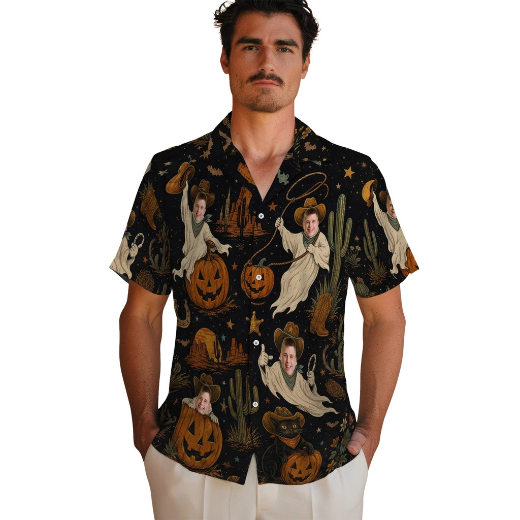 Men's model wearing Western Black Desert Vignettes Custom Hawaiian Shirt in Black
