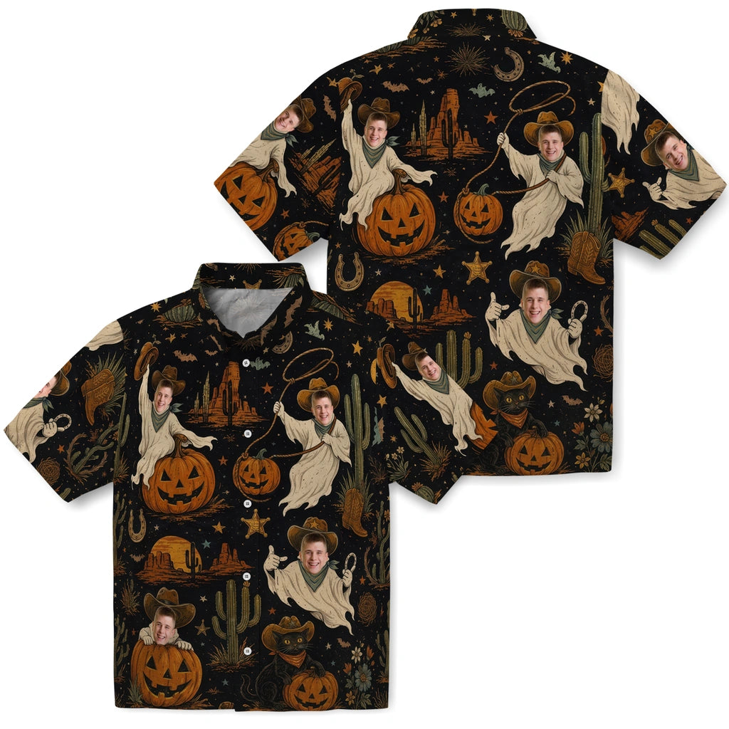Front and back views of Western Black Desert Vignettes Custom Hawaiian Shirt showing the all-over print