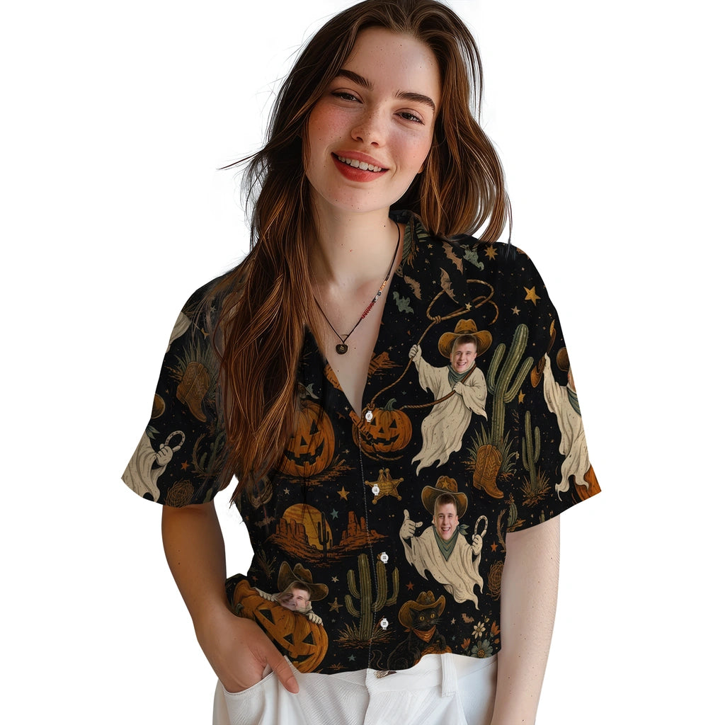 Women's model wearing Western Black Desert Vignettes Custom Hawaiian Shirt in Black