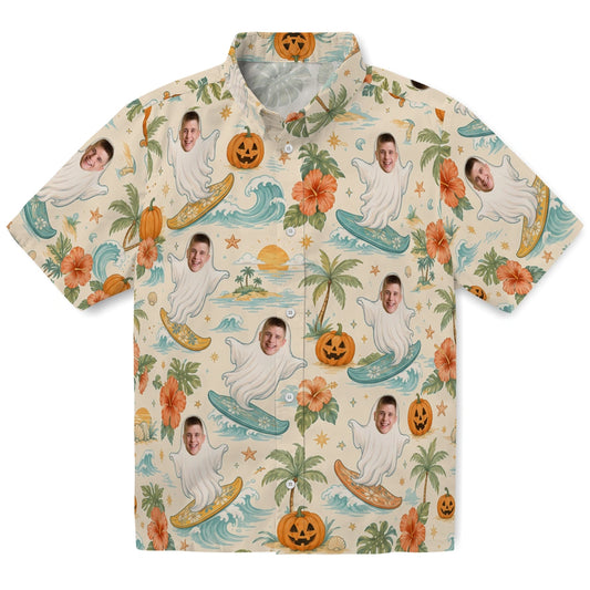 Whimsical Ivory Ghost Surfers Custom Hawaiian Shirt front view with surfing ghosts, pumpkins, palm trees and tropical flowers