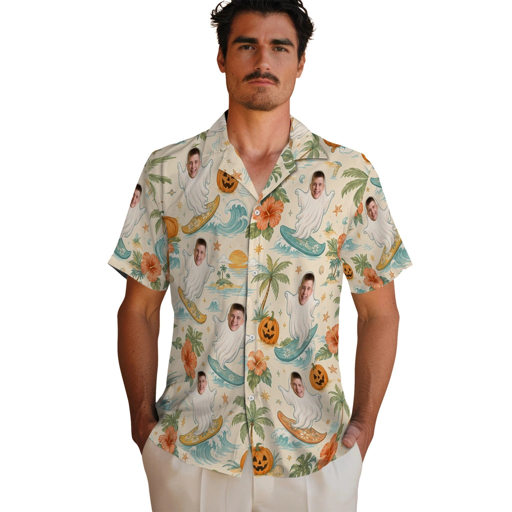 Men's model wearing Whimsical Ivory Ghost Surfers Custom Hawaiian Shirt in Ivory