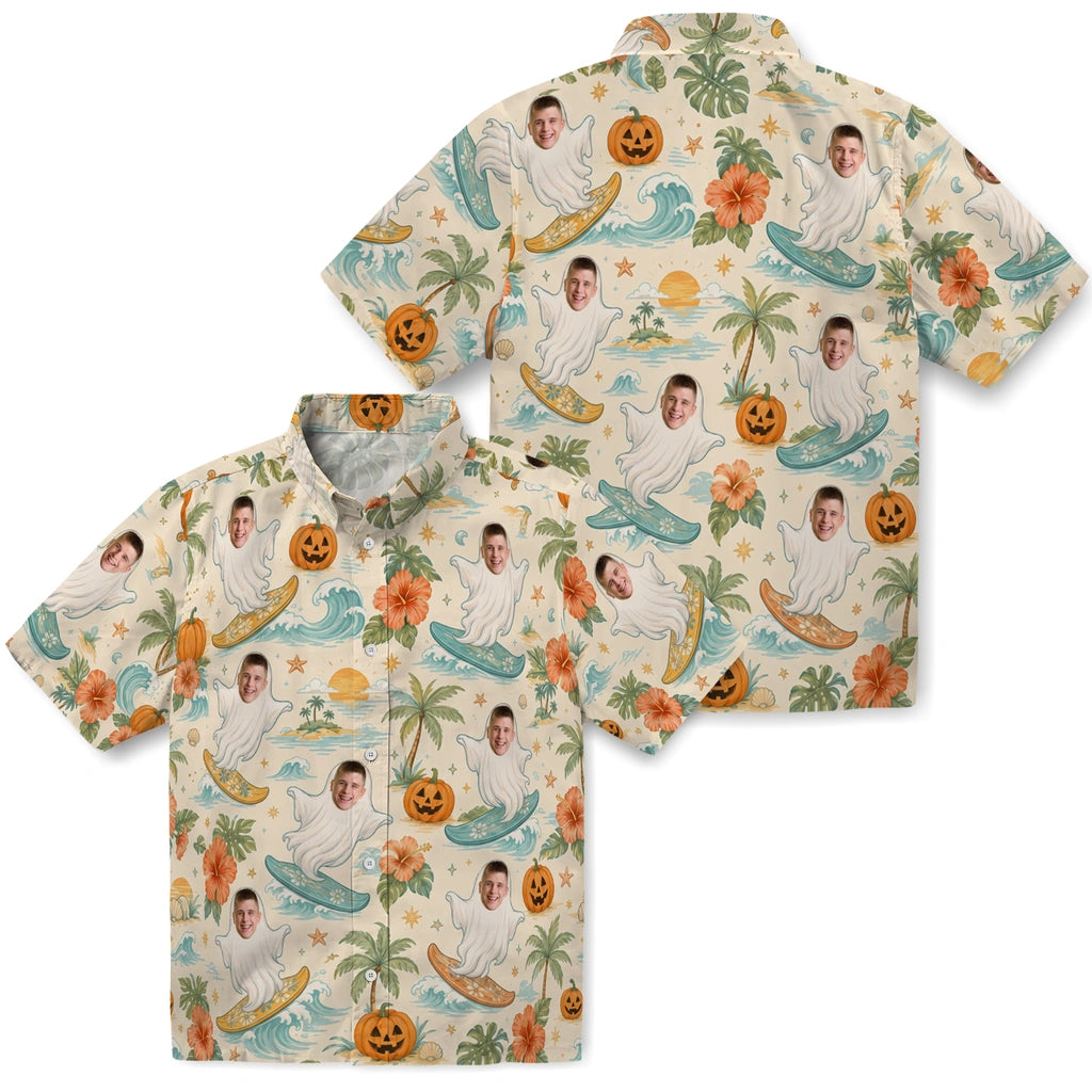 Front and back views of Whimsical Ivory Ghost Surfers Custom Hawaiian Shirt showing the all-over print