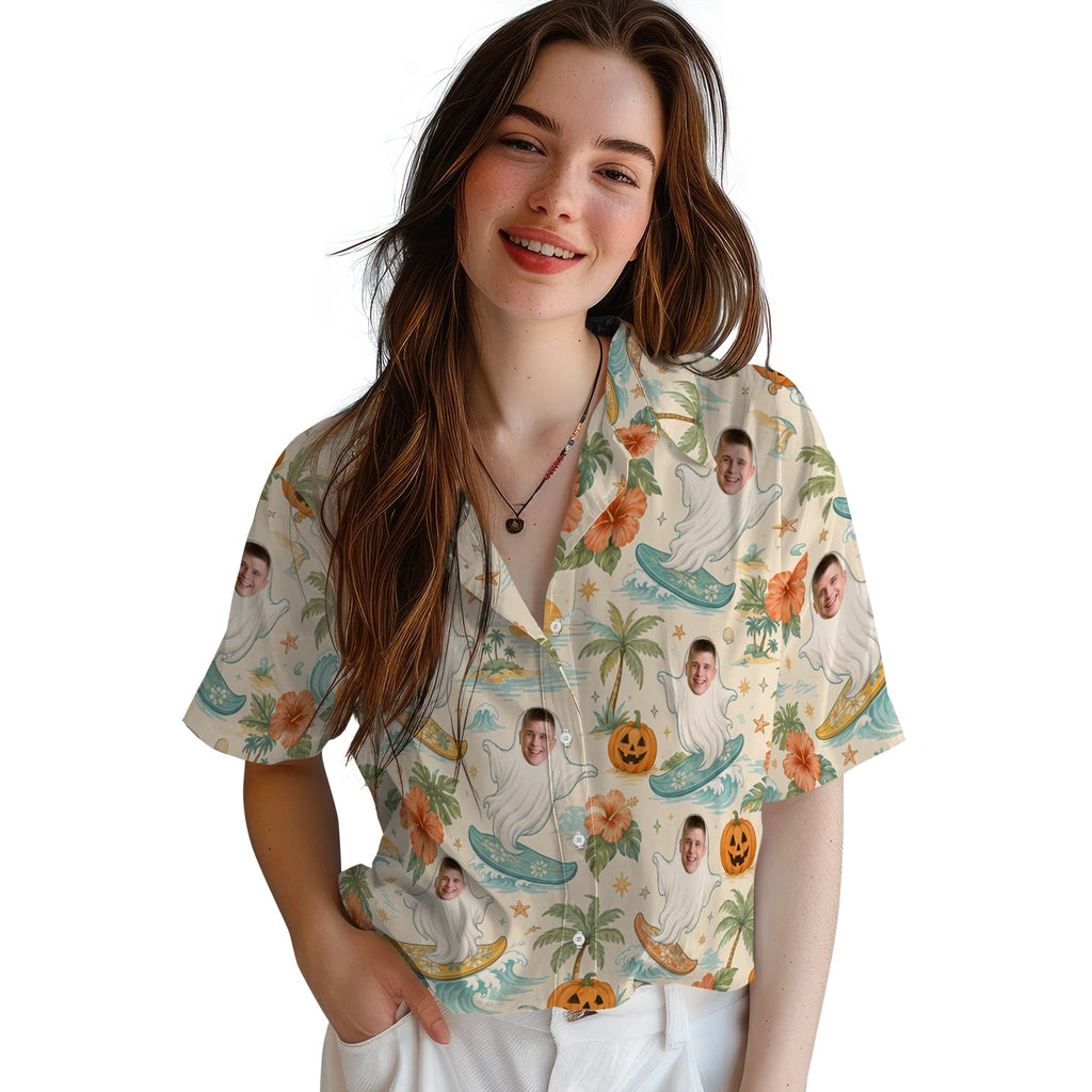 Women's model wearing Whimsical Ivory Ghost Surfers Custom Hawaiian Shirt in Ivory